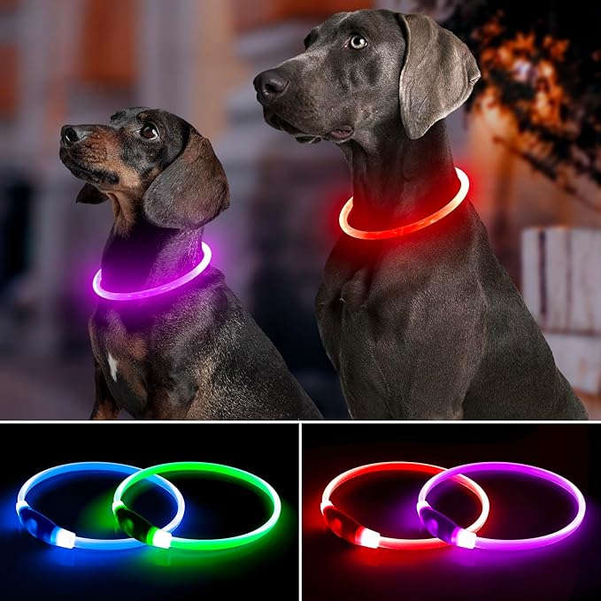 【2-Pack】 Rechargeable LED Dog Light Up Collar Set - Illuminate Night Walks with Universal Safety Light for Small, Medium, and Large Dogs (Pink&Red)