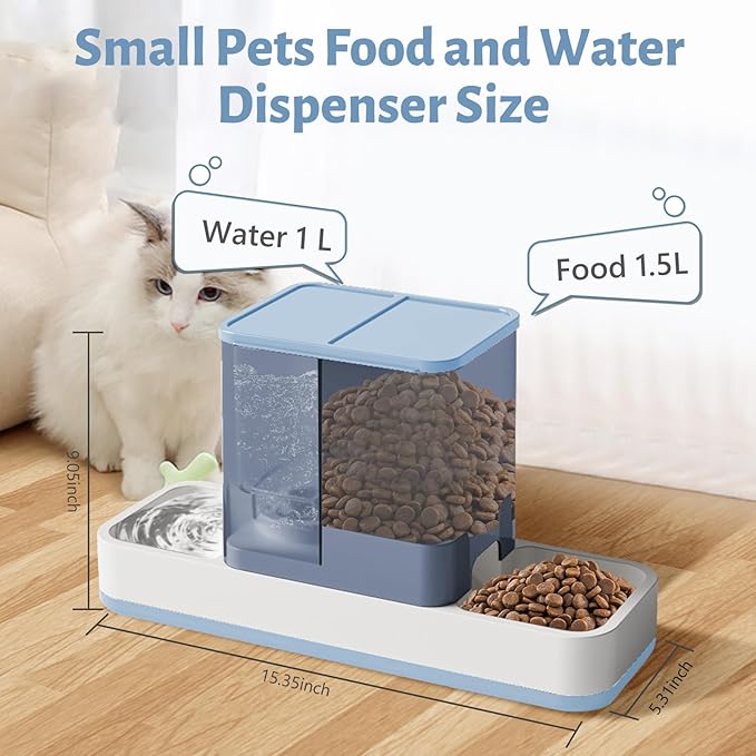 Yummy Sam Automatic Small Pet Feeder and Water Dispenser, 2 in 1 Gravity Cat Auto Pet Feeder and Waterer Set Feeder Dish for Small Medium Pets Dog Puppy Kitten (Blue)