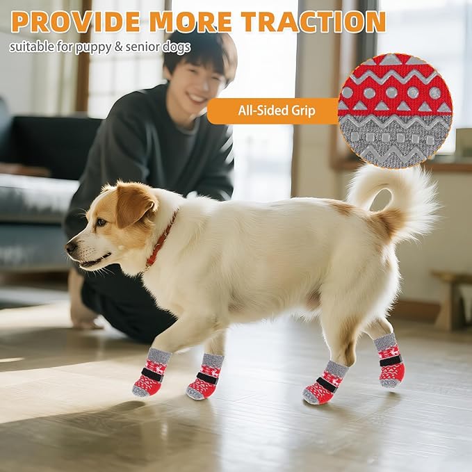 KOOLTAIL Dog Socks to Prevent Licking Paws, Dog Christmas Outfit Shoes for Winter Snow Pavement, Warm Fleece Pet Boots & Paw Protector for Hardwood Floors Anti Slip, Small Medium Large Size, Red XL