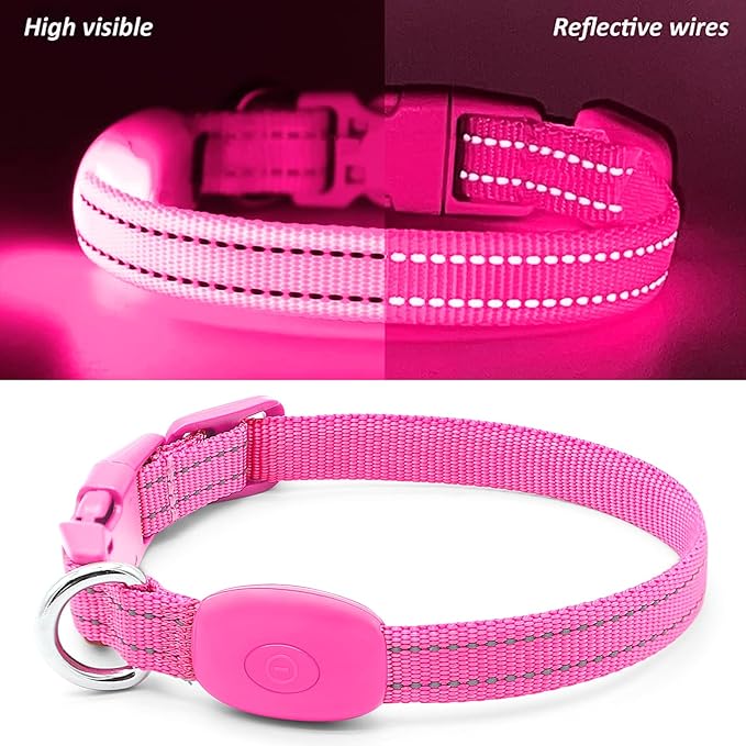 Illumifun LED Cat Collar, USB Rechargeable Light Up Dog Collar, Adjustable Safety Collar Light for Small Dogs Cats Glow in The Dark (Pink, X-Small)