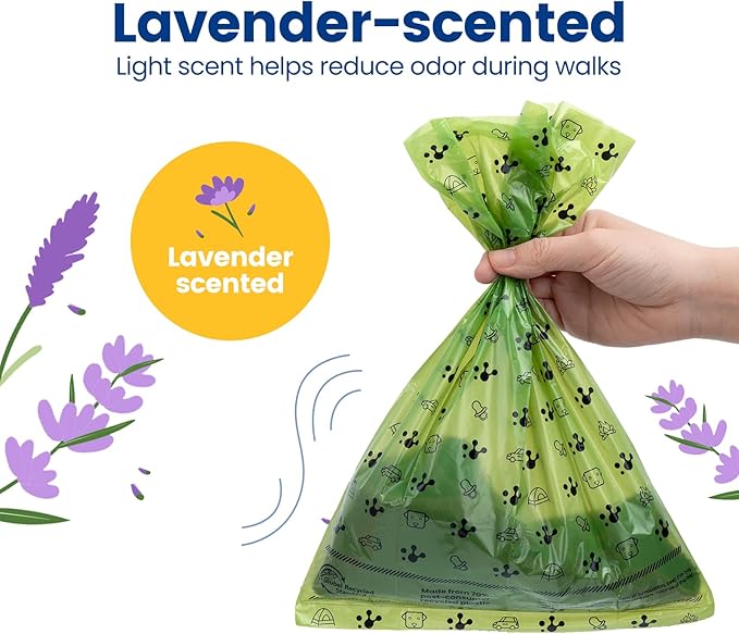 Dog poop bags rolls, Extra Thick & Leak-Proof Doggie Bags, Lavender Scented Pet Waste Bags Made from 70% Certified Recycled Plastic, Easy Tear & Open Poop Bags for Dog Walking, 18 Rolls (270 Counts）