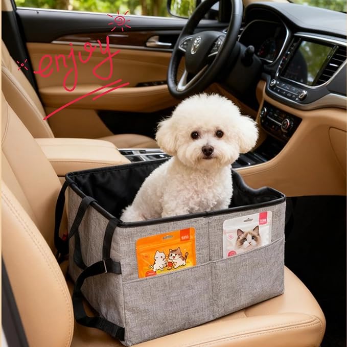 Portable Foldable Cat Dog Car Seat for Small Dogs Spacious Travel Bed with Clip-On Safety Leash Comfy Carseat with Storage Pockets Cat Puppy Car Travel Carrier Bed (Grey)
