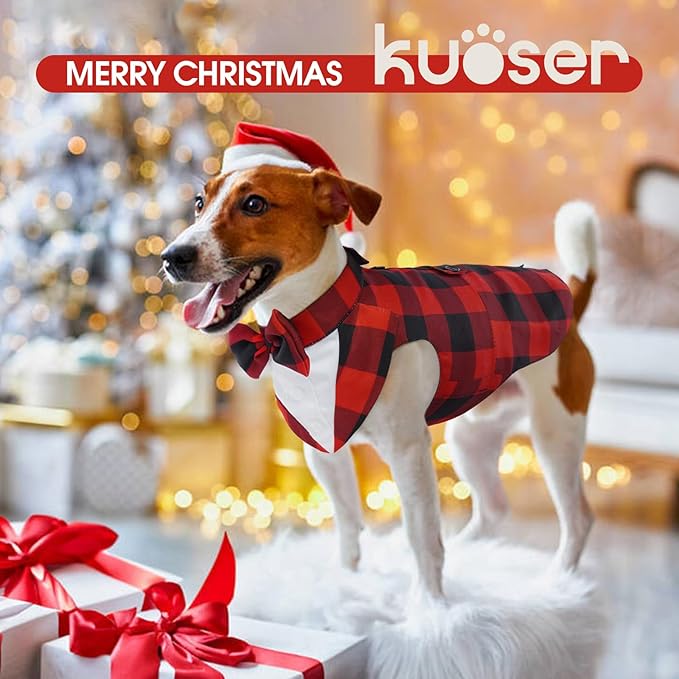 Kuoser Christmas Dog Tuxedo Dog Suit and Bandana Set, Pet Christmas Outfit Adjustable Puppy Xmas Costume with Bow Tie for Large Medium Small Dogs Golden Retriever Samo Bulldogs, Red Plaid XL
