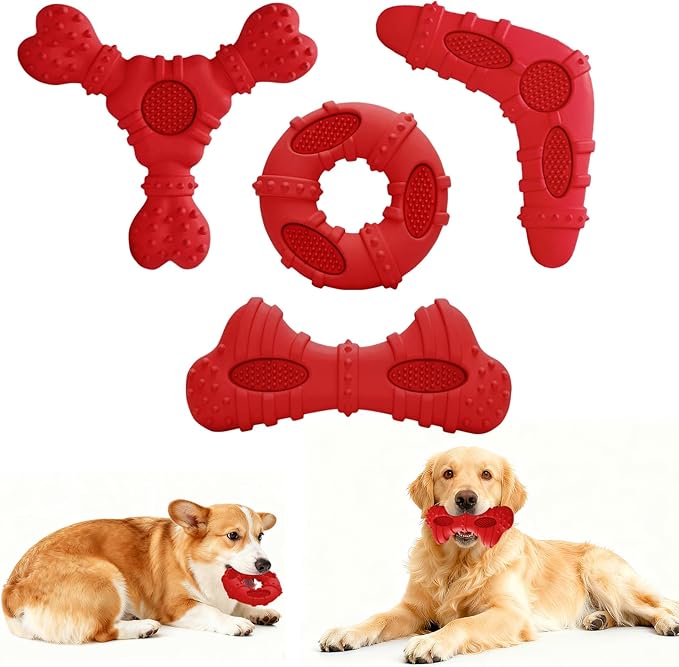 Dog Toys 4 Pack for Aggressive Chewers, Multifunctional Teeth Cleaning and Gum Massage for Puppy, Chew Toys with Natural Rubber for Small and Medium Dog(Red)