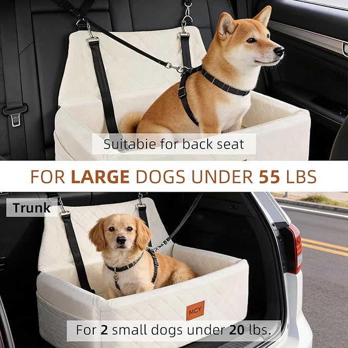 MCY Dog Car Seat for Large Medium Dogs, Dog Booster Seat with Thick Cushion, Portable Washable Pet Under 55 lbs, 2 Safety Leashes Travel Car Bed, Suitable for Home and Outdoor, White