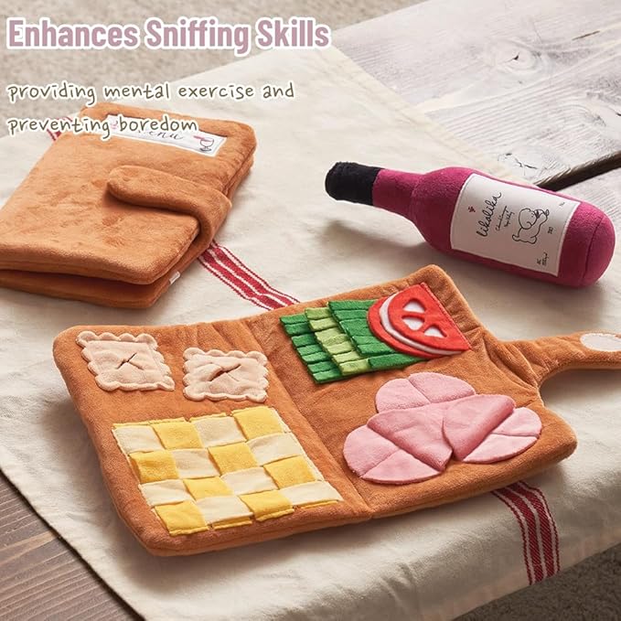 LilRoot Hide and Seek Plush Snuffle Mat Dog Toys Food Mat Nose Work Enrichment Toys Interactive Burrow Activity Cute Dog Funny Toys for Small Medium Dogs (Menu Snuffle Mat)