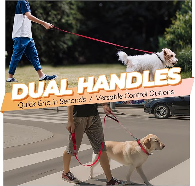 VIVAGLORY Twingrip Dog Leash, Double Handle Dog Leash for Training & Walking with Traffic Handle & 2 Loop, Traffic Control Reflective Heavy Duty for Puppy Pet, 6ft x 1/2in, Red
