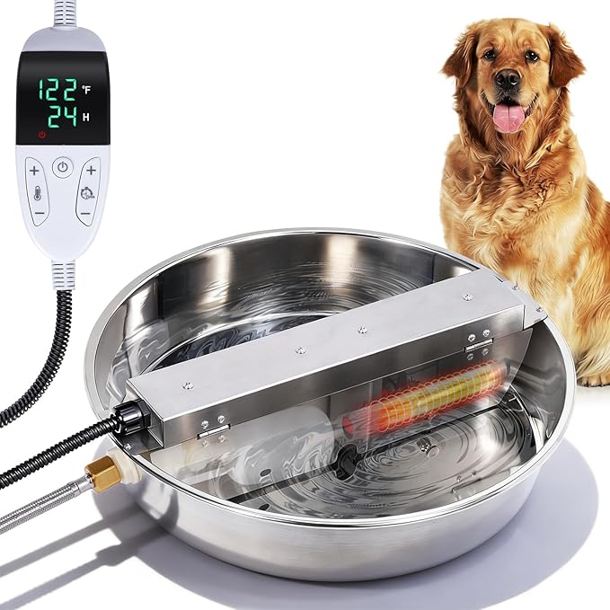 Heated Automatic Dog Water Bowl Dispenser Outdoor Heated Pet Waterer Thermal-Bowl Auto Fill Water Bowl for Large Dog, Cat, Chicken, Duck, Adjustable Temperature & Timer