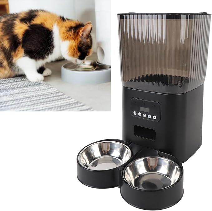 Automatic Cat Feeder, Cat Food Dispenser with Timer Automatic Dog Feeder Feeding Button Control Automatic Cat Food Dispenser for Dog Pet Indoor (Dual Bowls)
