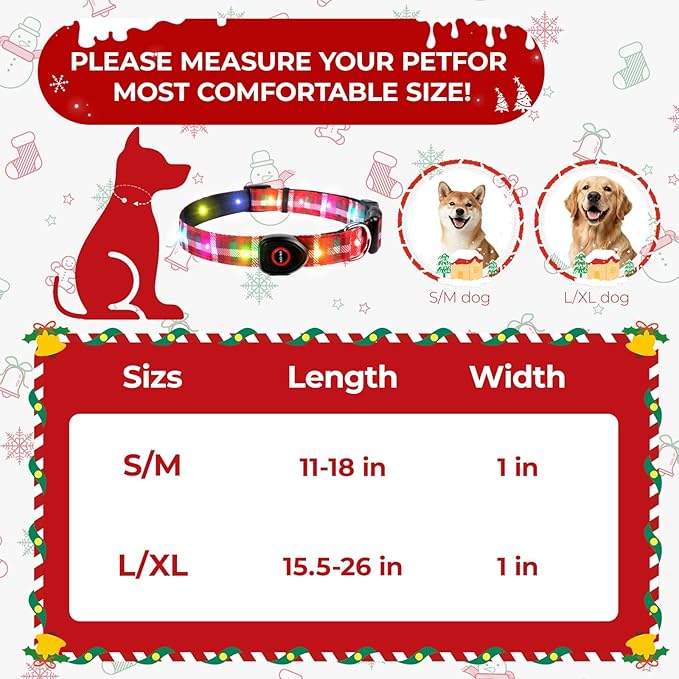Christmas Light Up Dog Collar, LED Dog Collar Glow in The Dark - USBC Rechargeable, Adorable Plaid Pattern Christmas Collar for Medium to Large Dogs - Comfortable & Cute Xmas Dog Collars, Plaid L