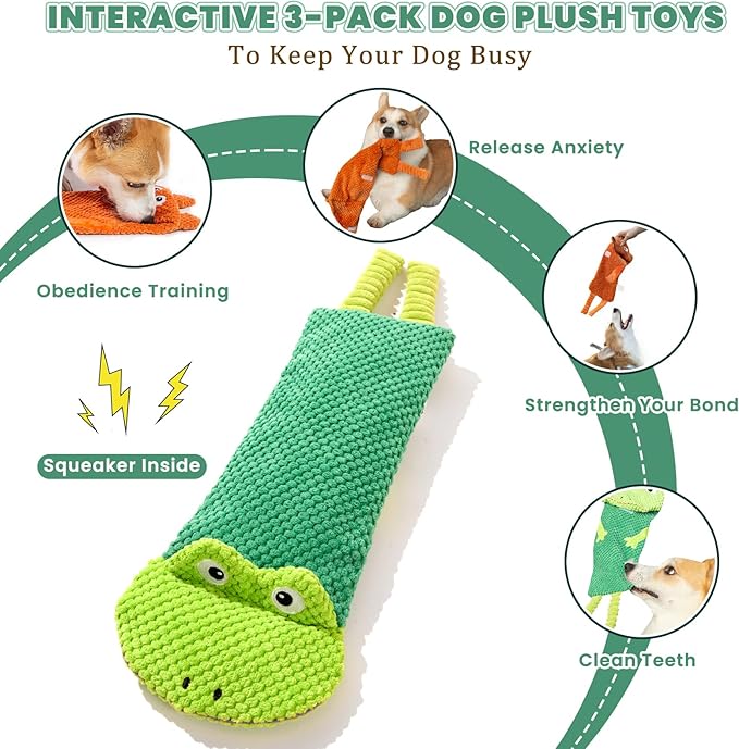 Interactive Squeaky Dog Toys for Small, Medium & Large Dogs, 3-Pack No-Stuffing Plush Chew Toys with Crinkle for Teething Puppies & Gentle Chewers – Keeps Bored Dogs Busy and Safe