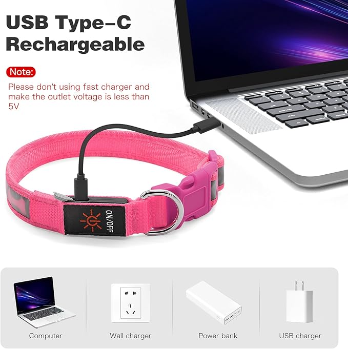 Flashseen Light Up Dog Collars, Adjustable LED Dog Collar Rechargeable, Glow in The Dark Dog Collars Super Bright Glow Collars for Night Walking for Dogs (Pink, Large)