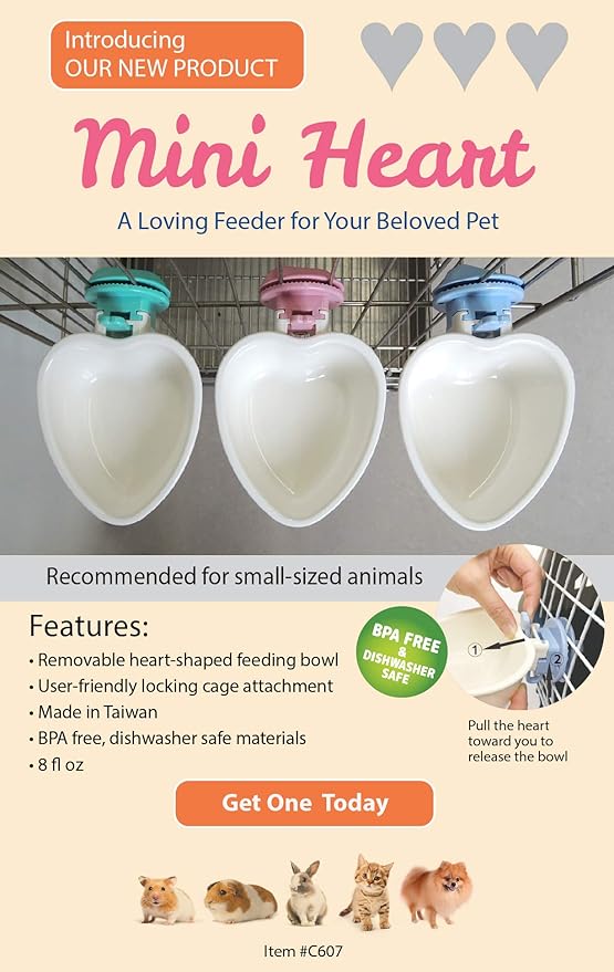 Choco Nose Patented Removable Heart Shaped Food Bowl for Dogs/Puppies/Rabbits/Cats/Guinea Pigs/Chinchillas/Birds -Water Dish for Small Pets or Animals - for Wire Cages or Crates 8 oz, Pink (C607)