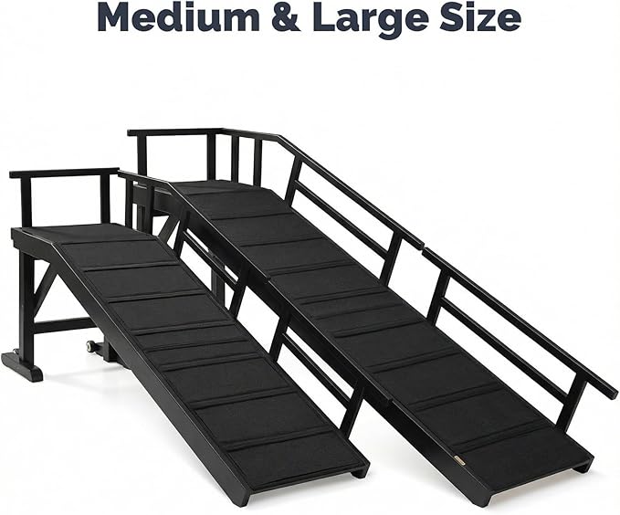 Dog Ramp for Bed or Couch, Wooden Pet Ramp with 20° Gentle Slope, Removable Side Rails, Non-Slip Surface, Top Platform & Wheels, Safe Bed Ramp for Small, Medium & Senior Dogs, 60" Long, Black