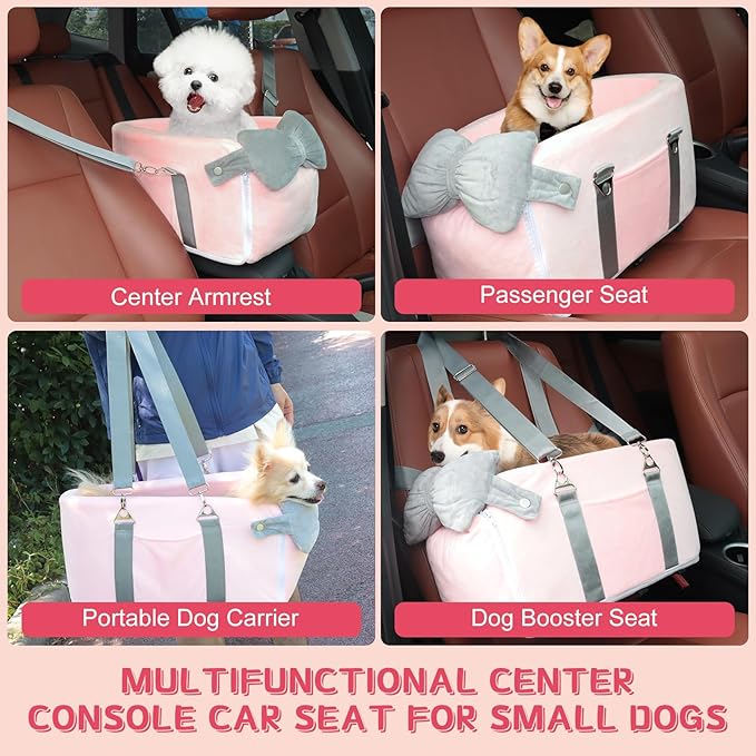Center Console Dog Car Seat for Small Dogs Under 12lbs, Portable Middle Console Dog Booster Seat, Detachable Armrest Puppy Seat with Storage Pockets, Butterfly Pillow and Safety Leash(Pink)