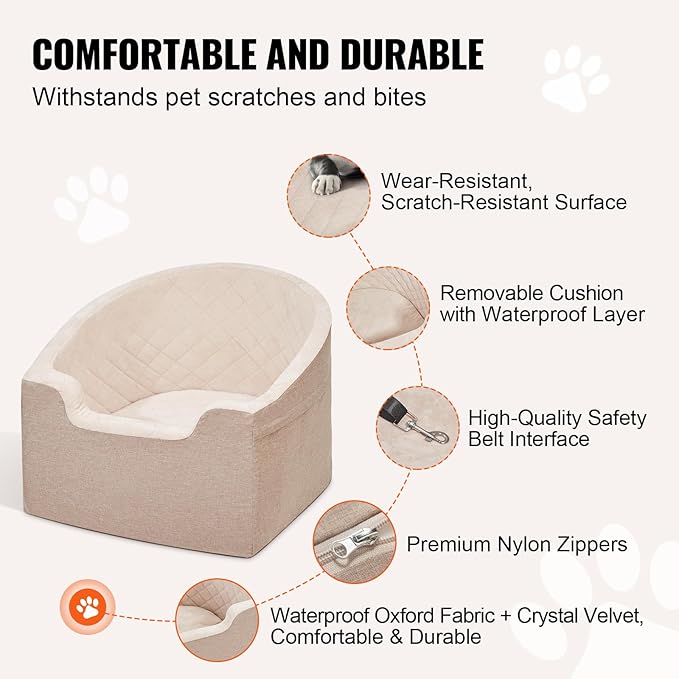 Happybuy Dog Car Seat, Waterproof Dog Booster Seat for Car with A Storage Pocket, Clip-On Safety Leash and Sponge Filling, Dog Car Bed for Small & Medium Dog up to 55lbs, Brown