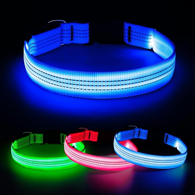 LED Dog Collar, Rechargeable Light Up Dog Collars Glow in The Dark, Adjustable Waterproof Collar Light for Medium Dogs (Blue, M)