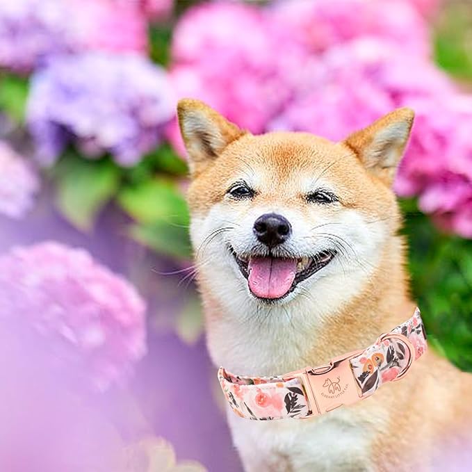 Elegant little tail Dog Collar, Pink Floral Pattern Pet Collar Summer Durable Cute Dog Collars Male or Female Pet Gift Adjustable Dog Collar for X-Large Dogs