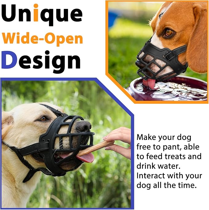 BARKLESS Dog Muzzle, Soft Silicone Basket Muzzle for Dogs, Allows Panting and Drinking, Prevents Unwanted Barking Biting and Chewing, Included Collar and Training Guide