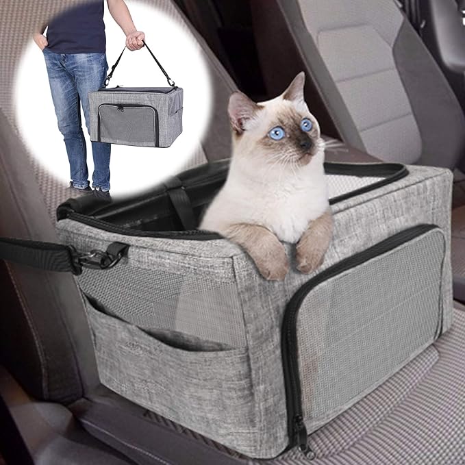 Car Pet Dog Cat Booster Seat,Collapsible Portable Dog Travel Car Seat & Carrier & Puppy Bag for Small Dogs Doggie Cats Up to 11LB with Clip-On Safety Belt Adjustable Strap Carry Bag