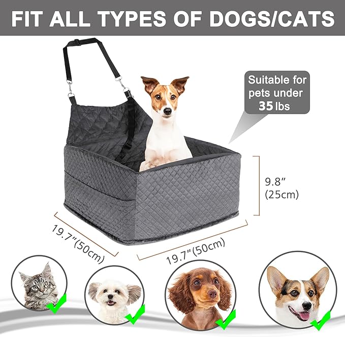 Memory Foam Dog Car Seat for Small/Medium Dogs,Travel Booster Seat for Dogs up to 35 lbs, Washable Removable Cover & Storage Pockets, Comfortable & Safe Car Seat for Pet Travel