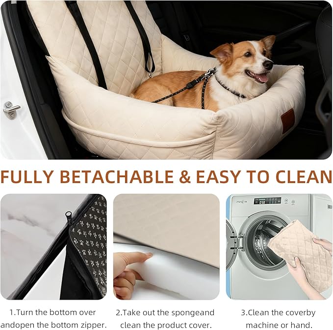 Dog Car Seat for Small Dogs, Fully Detachable and Washable Pet Booster Car Seats, Pet Travel Home Bed Ultra Soft Fabric, Adjustable Straps,Easy to Install, Beige