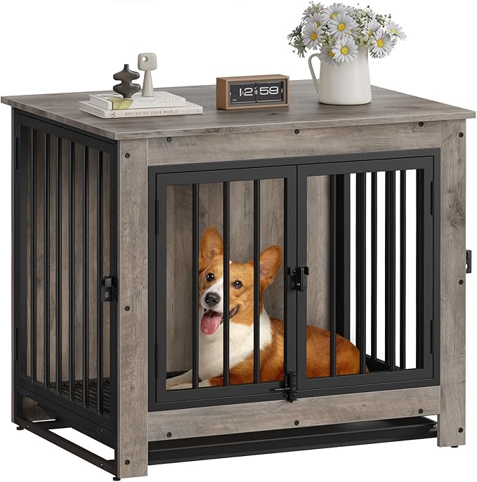Dog Crate Furniture, 29 Inch Indoor Dog Kennel for Small Dogs Up to 30 LBS, Heavy Duty Wooden Pet Cage End Table with 3 Doors, Alloy Steel Frame & Removable Tray