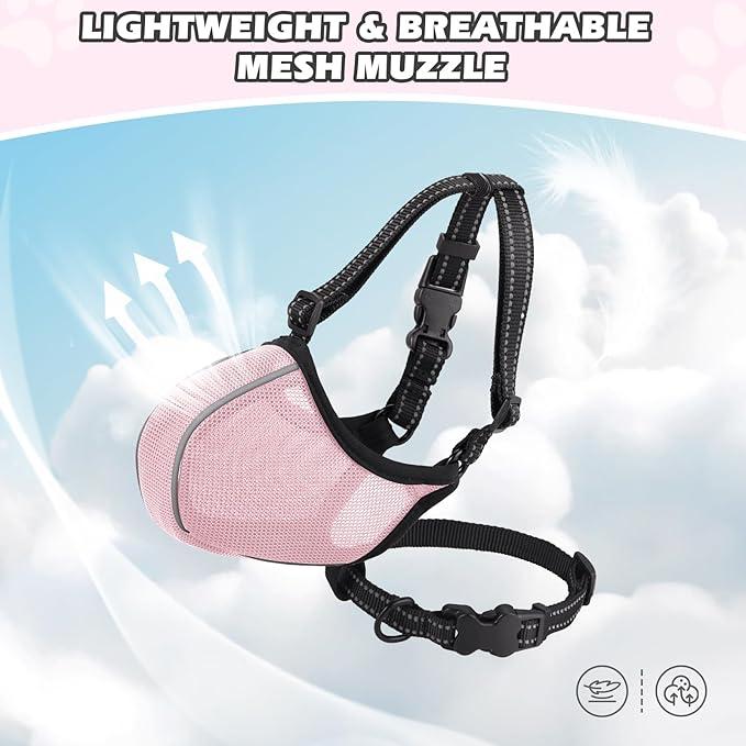 Dog Muzzle - Soft Breathable Mesh Nylon Adjustable Muzzle for Small Medium Large Dogs | Prevents Chewing,Biting & Scavenging | Allows Panting, Drinking & Grooming | Secure Collar Strap Design(Pink L)