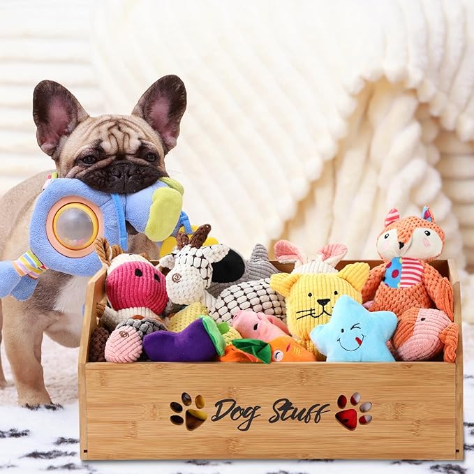 Leinuosen Large Dog Toy Bin Basket, 20 Inch Large Stuff Toy Storage Basket Bin with Bone Handle Cutout Pattern Bamboo Container for Organizing and Storage Dog Leash Chew Toys(Natural, Undivided)