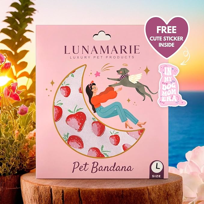 LunaMarie - Luxury Pet Birthday Bandanas -Premium & Silky Poly Fabric | 100% Handmade | Custom Shape Dual Layered (Strawberry, Small)