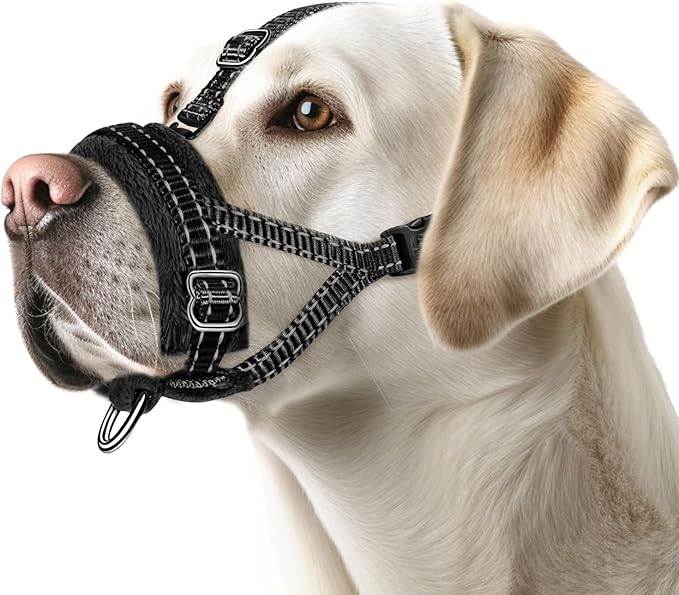 SlowTon Soft Dog Muzzle, Adjustable Padded Nylon Muzzle for Large Medium Dogs Anti Chewing Barking Biting, Allow Dog Pant & Drink（Black,Small