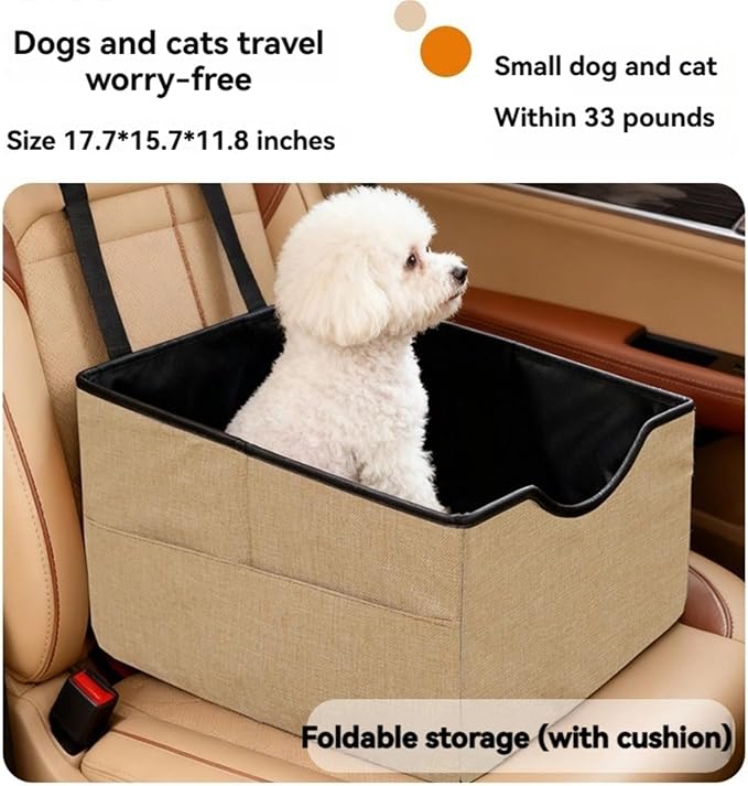 Portable Foldable Cat Dog Car Seat for Small Dogs Spacious Travel Bed with Clip-On Safety Leash Comfy Carseat with Storage Pockets Cat Puppy Car Travel Carrier Bed (Khaki)