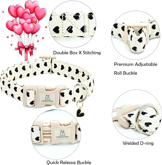 Lionheart glory Valentine's Dog Collar-Hearts Print Dog Collar for Small Cute Dog Collars Spring Female Male Pet Gift Adjustable Heavy-Duty Puppy Collar Holiday