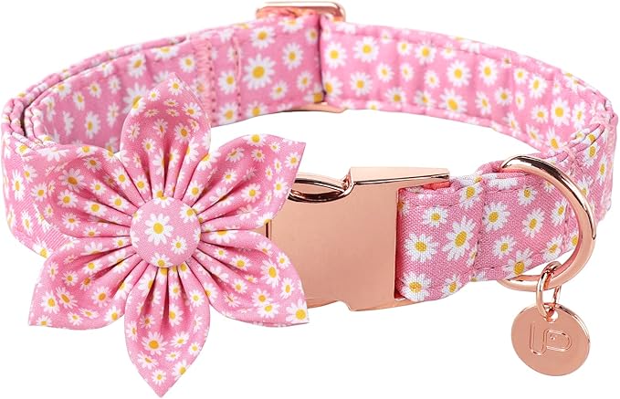 Summer Dog Collar with Flower, Cotton Cute Flower Dog Collar, Pink Flower Collar for Puppy Boy Girl Dog or Cat, Comfortable Blue Dog Collar with Metal Buckle, XS