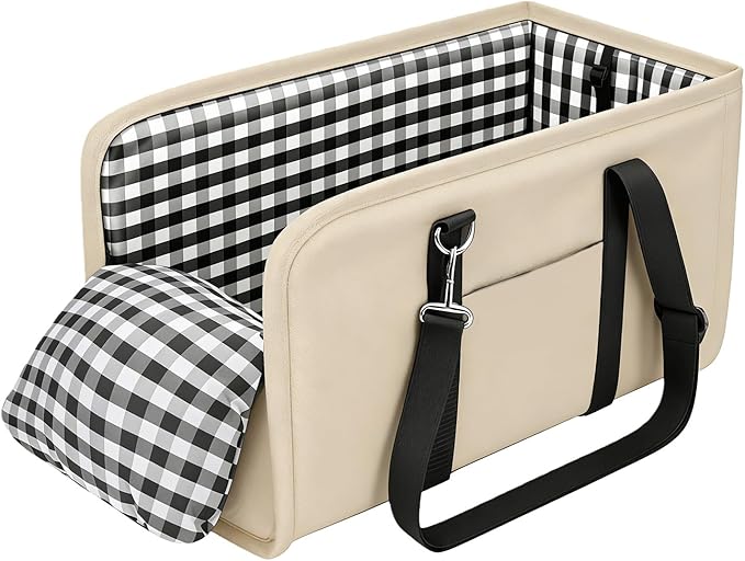 Center Console Dog Car Seat for Small Dogs Up to 11lbs Anti-Collapse Armrest Booster Seat with Headrest Stabilizing Straps Portable Pet Carrier Bag Travel Safety Kennel with Internal Tether (Beige)