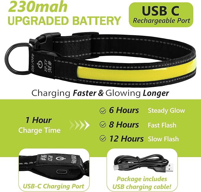 Rechargeable Glowing Dog Collar - Flashing, Adjustable, Waterproof Light Up for Night (Yellow, Pack of 1, XS)