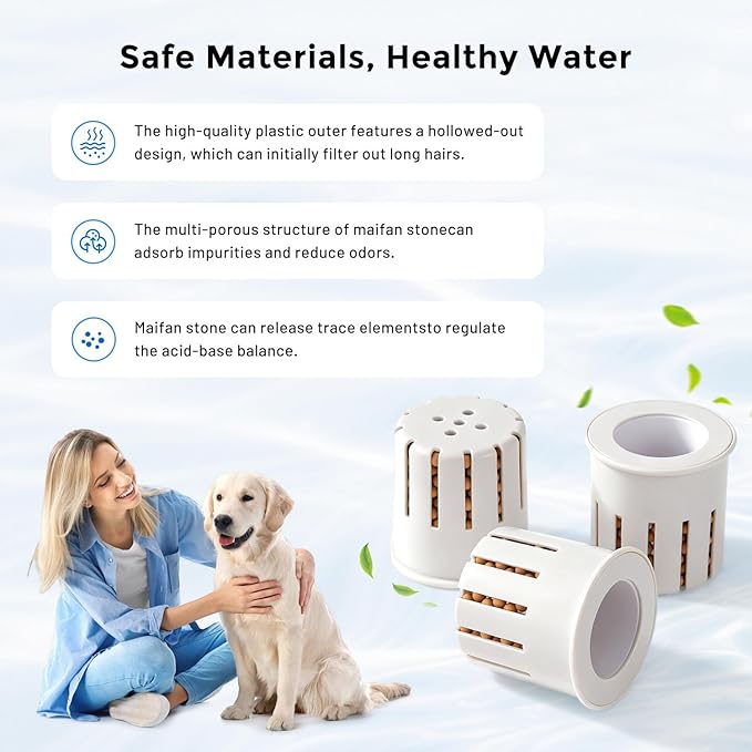 6L Dog Water Bowl Dispenser & Maifan Stone Filter Replacement 3Pcs
