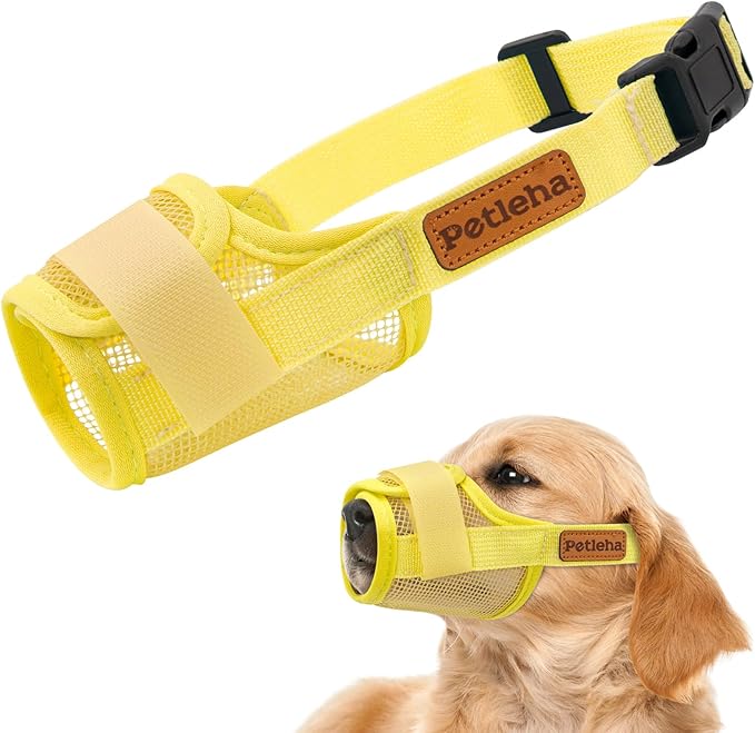 Coppthinktu Soft Dog Muzzle, Breathable Mesh Muzzle for Small Medium Large Sized Dog Mouth Cover, Adjustable Muzzles to Prevent Biting Barking Dogs Mouth Cover Allows Drinking (Yellow S)