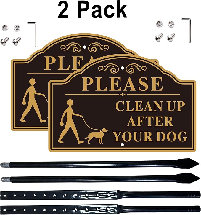 Please Clean Up After Your Dog Sign with 36-inch Metal Stakes, 12”x8” No Pooping Dog Signs for Yard, Aluminum,Rust-Free, 2Pack