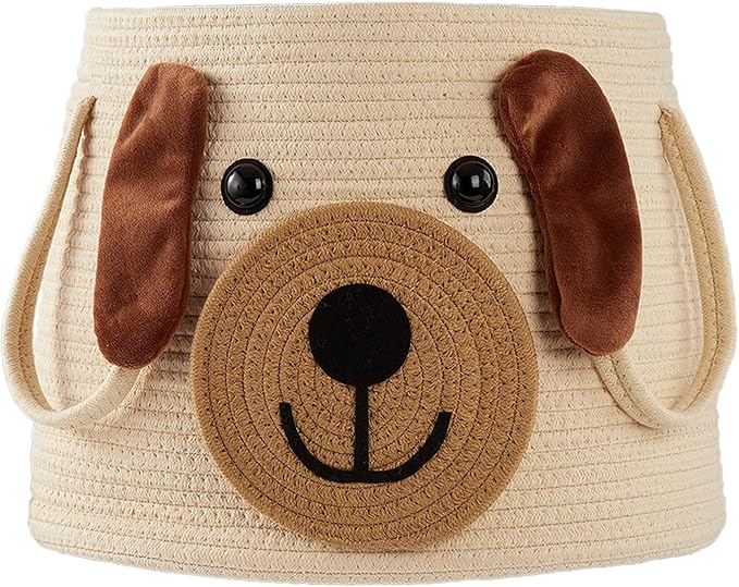 Large Dog Woven Basket with Handles - Toy Storage Bin, Baby Gift & Animal Nursery & Cute Laundry Basket, for Clothes, Towels, Toys (Dog)
