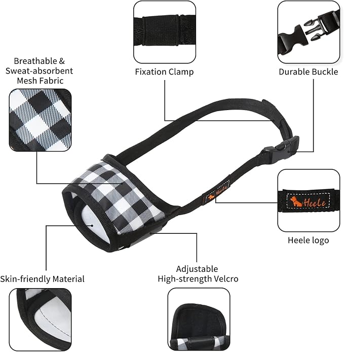 HEELE Dog Muzzle,Soft Nylon Muzzle Anti Biting Barking Chewing,Air Mesh Breathable Drinkable Adjustable Loop Pets Muzzle for Small Medium Large Dogs 4 Colors 4 Sizes (P-Black White Plaid, L)