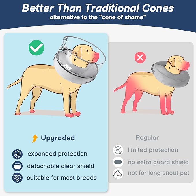 BARKLESS Inflatable Dog Cone, Protective Dog Surgery Collar to Stop Licking Biting Wounds, Patented Soft Donut Cone with Clear Shield, Adjustable Blow-up Collar for Surgery Recovery (Grey, L)