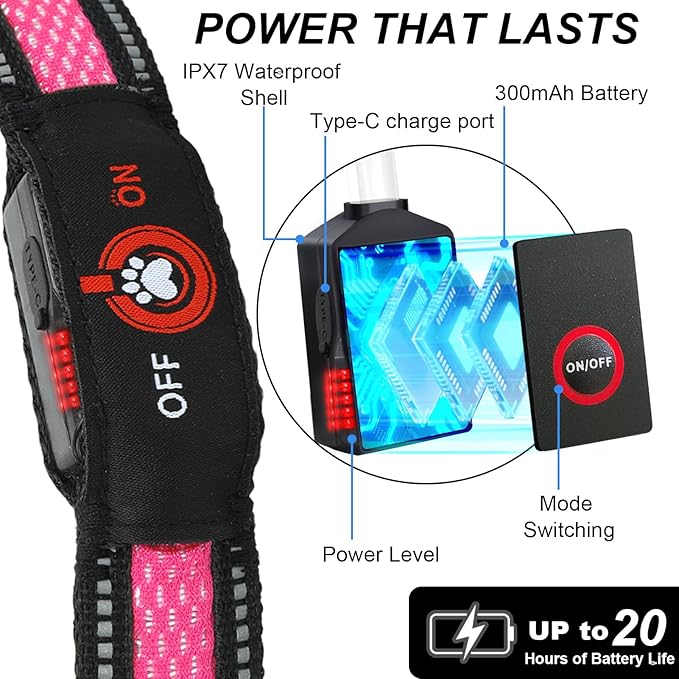 Light Up Dog Collar-Rechargeable & Long-Lasting Power LED Dog Collar Lights for Night Walking, Waterproof & Safety Glowing Collars for Medium Dogs [Pink-M]