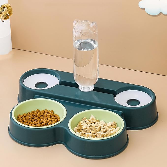 Dogs Bowl Automatic Cats Food Bowl 4 in 1 Pet Food Feeders with Automatic Water Bottle Bowl Double Bowl Pet Food and Water Dispenser Set, dark green