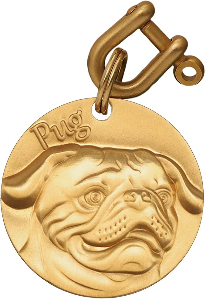 Vintage Pure Copper Pet ID Tags,Personalized Dog Tags,Three-Dimensional Relief Pattern,Lettering on The Front and Back,Custom Tags (C08-Pug)