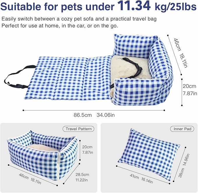 Pet Car Booster Seat for Small Dogs & Cats up to 25 lbs – Plaid Travel Seat with Safety Leash, Adjustable Straps, Non-Slip Base, 2-in-1 Convertible Bed, Detachable & Washable (Blue Plaid)
