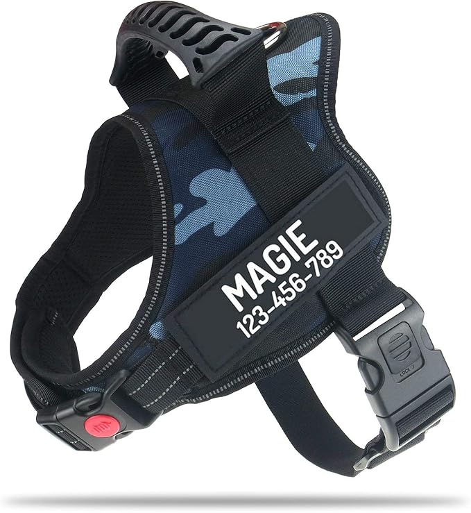 Personalized No Pull Dog Harness with Custom Name and Phone Number by PawPawify, Heavy Duty Pet Vest to Prevent Tugging, Pulling, or Choking, Training and Walking Blue Camo