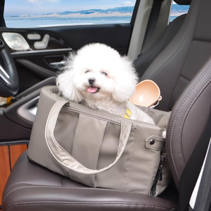 Portable Small Dog Seat for Car, Luxury Leather Center Console Dog Car Seat Booster with Safety Tethers, Anti-Collapse Pet Travel Carseat for SUV, Truck