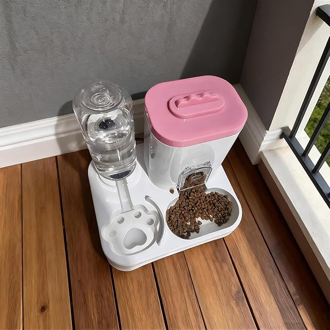 Gravity Pet Feeder and Water Dispenser Set, Cat Food Automatic Feeder and Automatic Dog Feeder and Water, Suitable for Small Pets Such as Cats and Dogs (Pink)