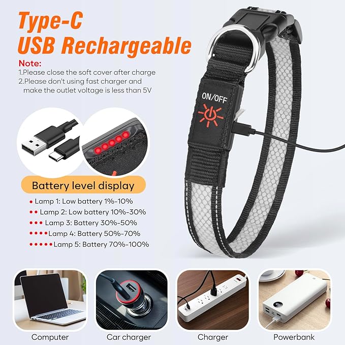 Multicolor Light Up Dog Collar, 5V Waterproof Led Dog Collar Rechargeable, 200 mAh Adjustable Glow in The Dark Dog Collars with 11 Light Modes for Small, Medium, Large Dogs Walk for Night (Large)